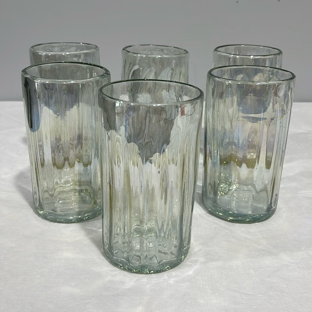 Luster Iridescent glass large tumblers set of 6 handblown ribbed pattern